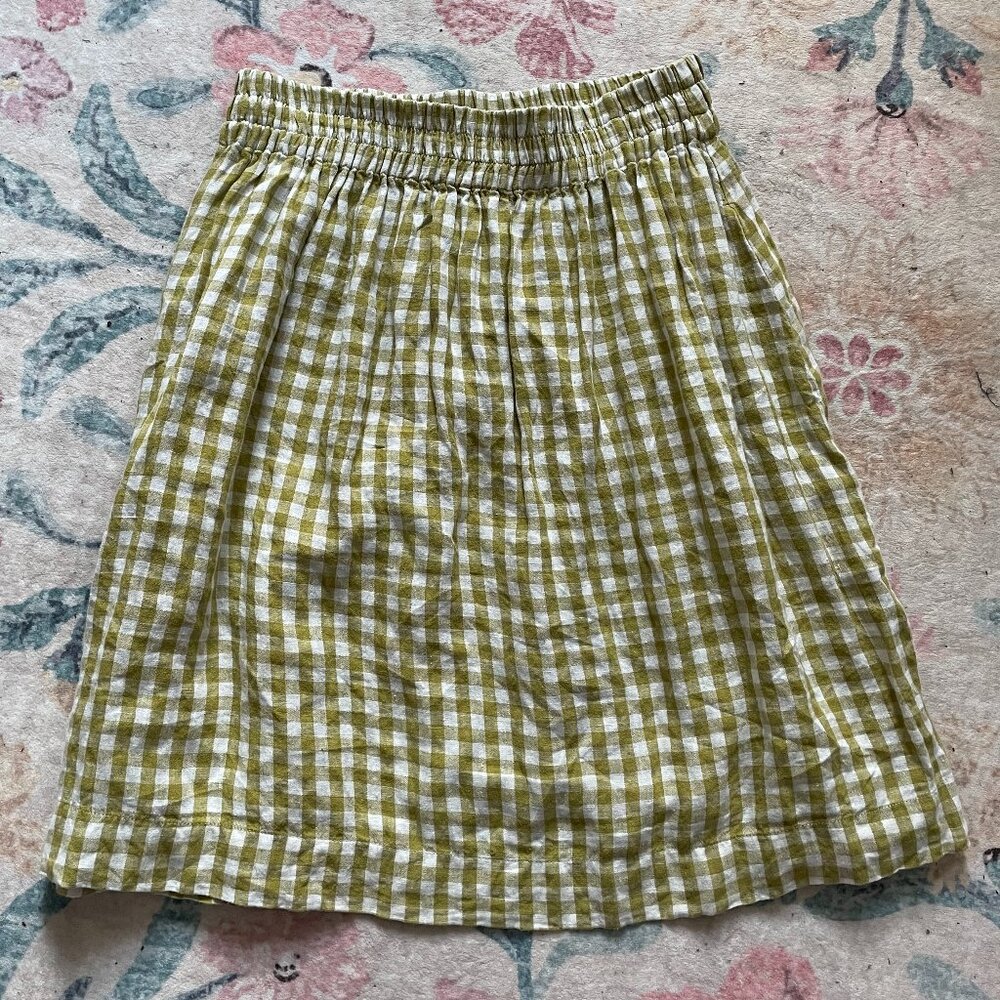 notPERFECTLINEN SION gathered linen skirt M/L Lime Gingham, shortened to 23.5 in